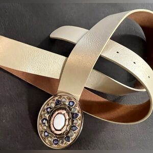 Chicos Western Buckle Genuine Leather Belt Gold XL 47”